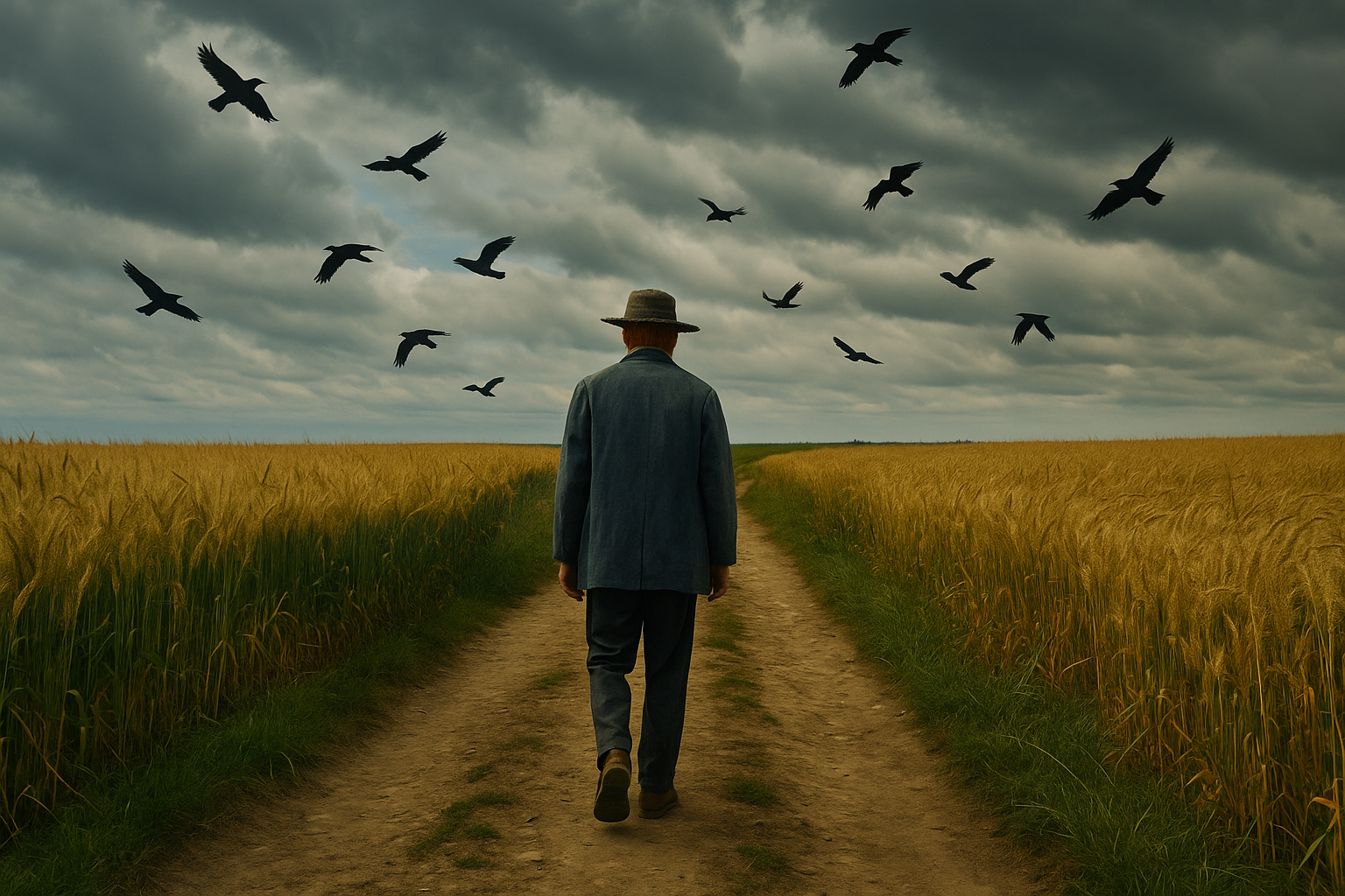  mort Van Gogh qui marche au champs de ble avec des corbeaux