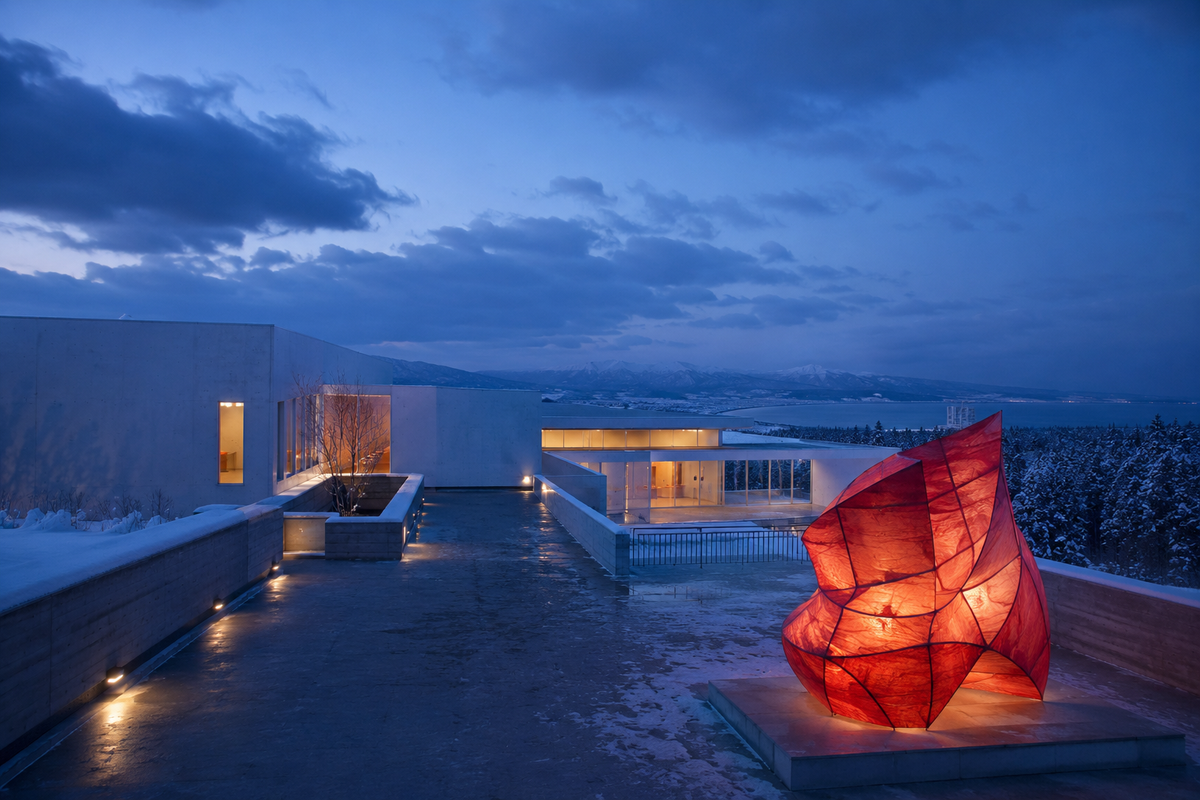 Musée contemporain imaginaire dans un paysage hivernal d’Aomori