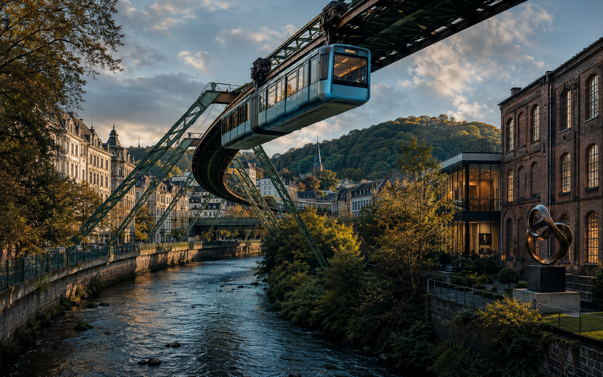 Panorama artistique de Wuppertal avec la Schwebebahn, la Wupper et une galerie contemporaine