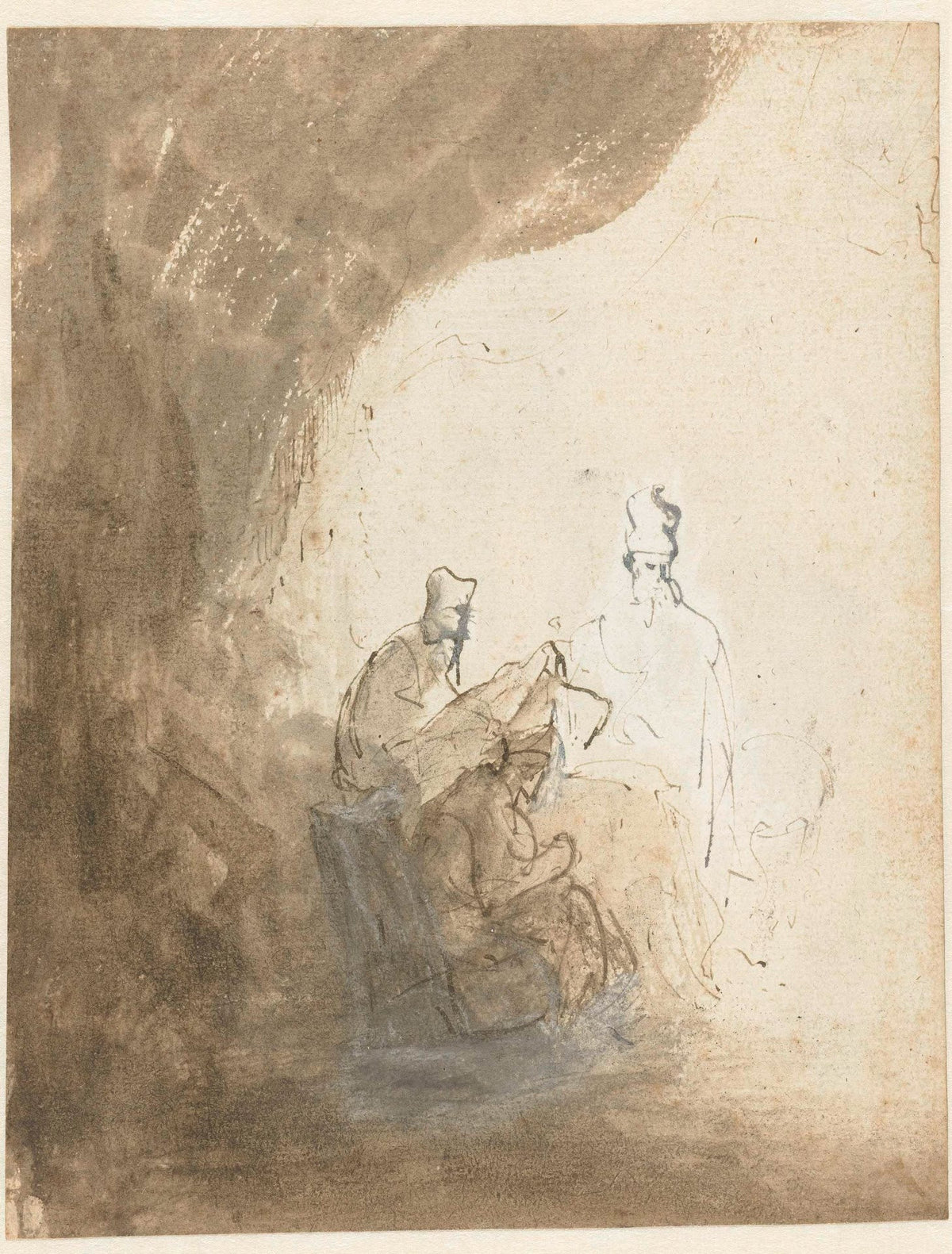 Les Trois Scribes, dessin de Rembrandt à la plume et au lavis