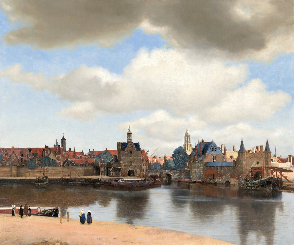 Vue de Delft de Johannes Vermeer, panorama urbain sous un vaste ciel nuageux