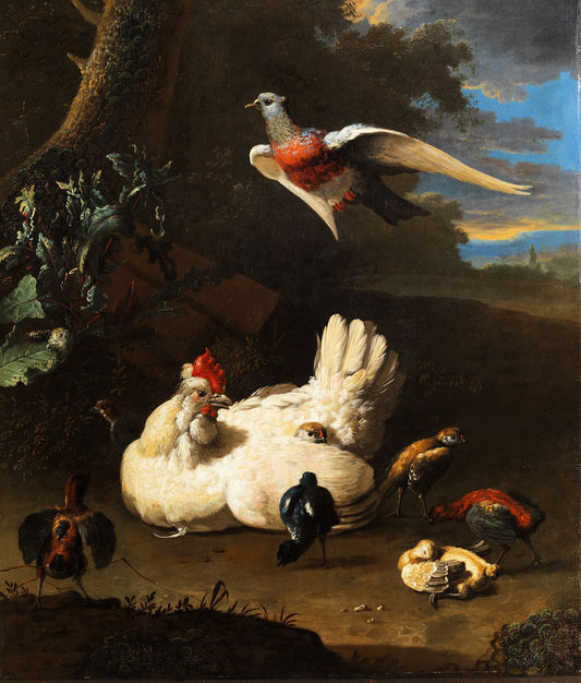 Une poule et ses poussins avec une colombe en vol près d'un arbre - Melchior d'Hondecoeter - Reproductions de tableaux et peintures haut de gamme