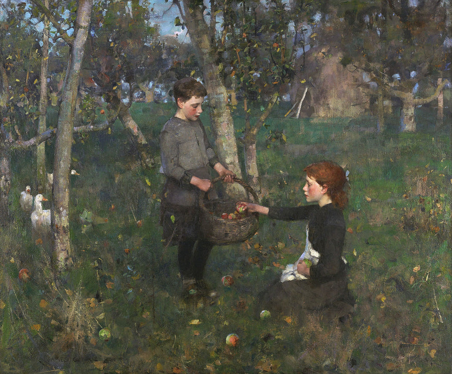 Dans le verger, James Guthrie, 1886, peinture à l’huile