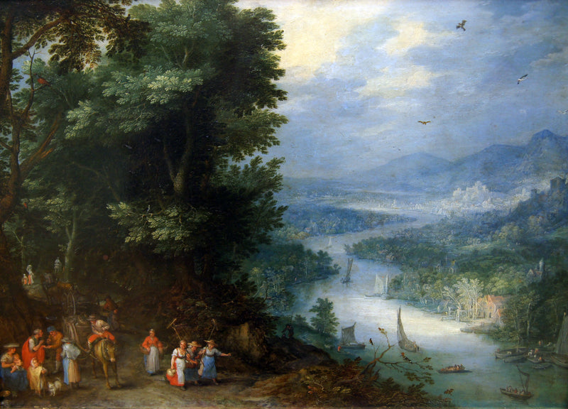 Paysage fluvial avec des voyageurs sur la route - Jan Brueghel l'Ancien
