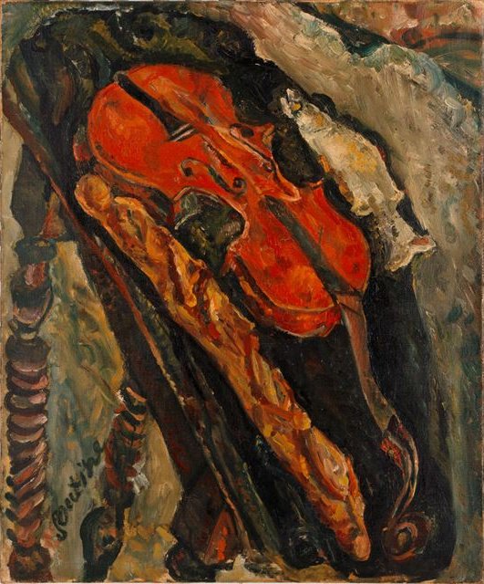Stillleben mit Violine, Brot und Fisch - Chaim Soutine