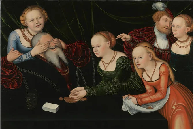 6 Personen, Mädchen, die mit einem alten Mann spielen - Lucas Cranach der Ältere