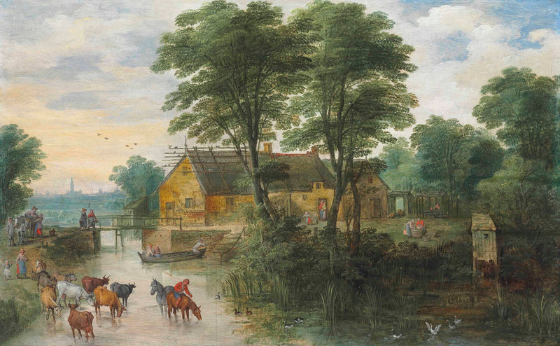 Paysage fluvial avec des maisons et du bétail, Anvers au loin - Jan Brueghel le Jeune