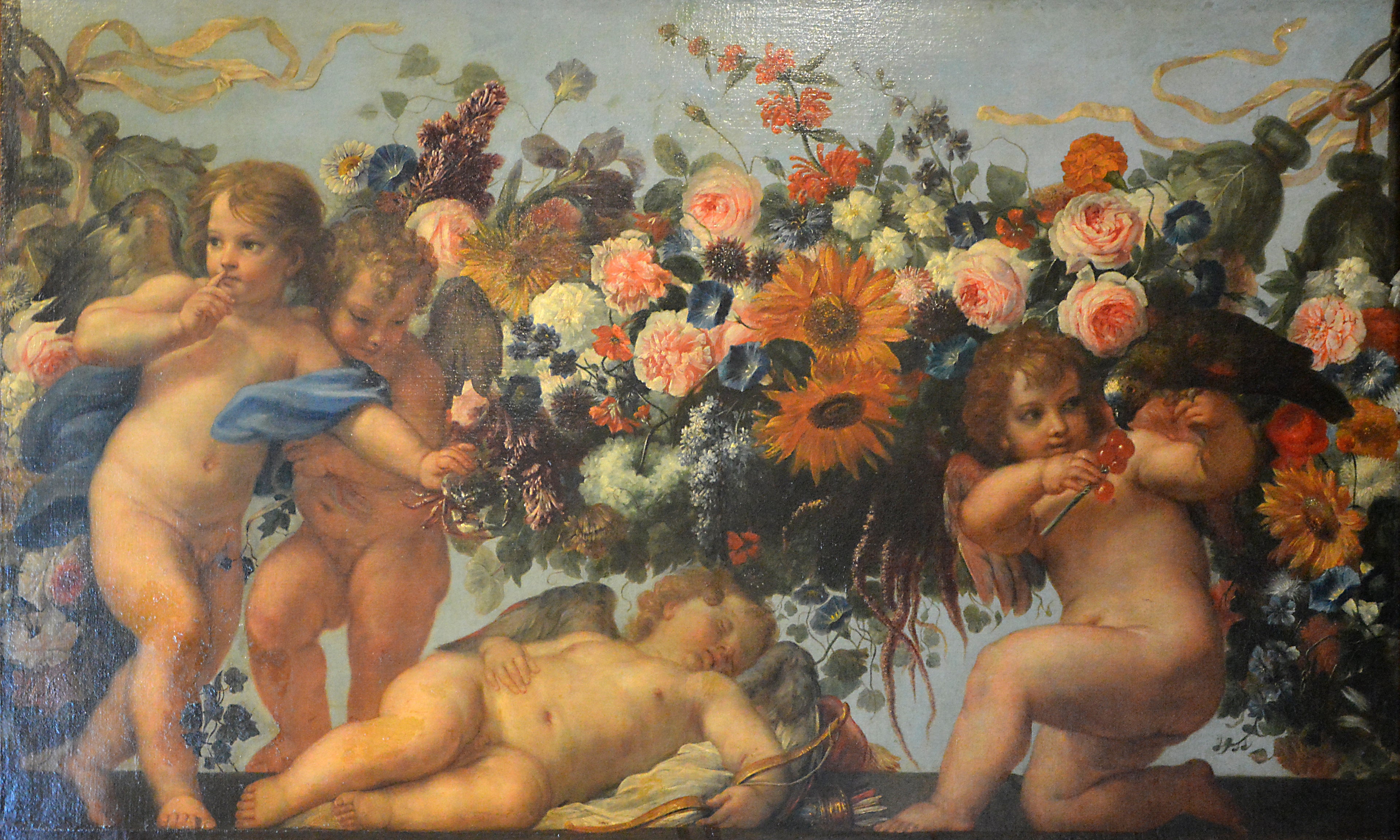 Amours et guirlande de fleurs avec un perroquet - Carlo Maratta
