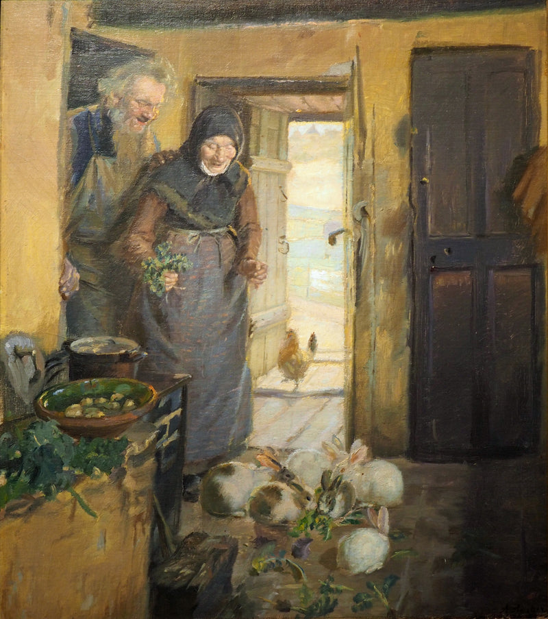 Zwei ältere Menschen und ihre Kaninchen - Anna Ancher