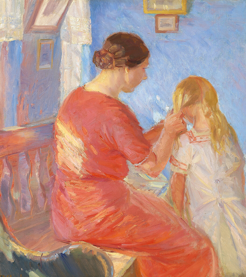 Eine Mutter flechtet ihrem Kind die Haare. – Anna Ancher
