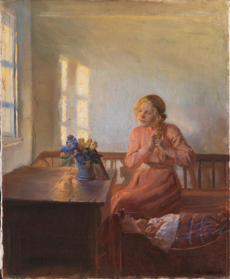 Ein junges Mädchen flechtet sich die Haare – Anna Ancher