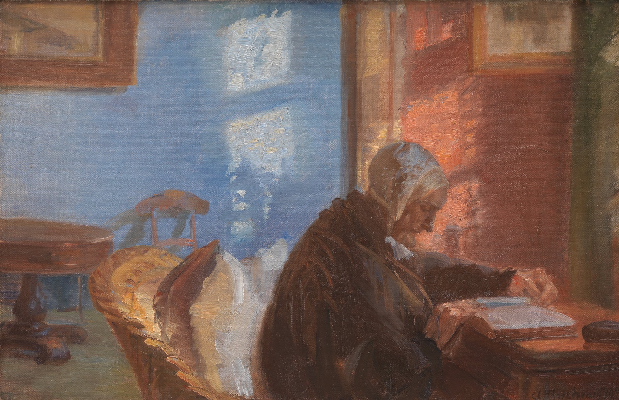 La Mère de l'artiste Ane Hedvig Brøndum dans la chambre rouge - Anna Ancher image 1 tableau peint à l’huile sur toile