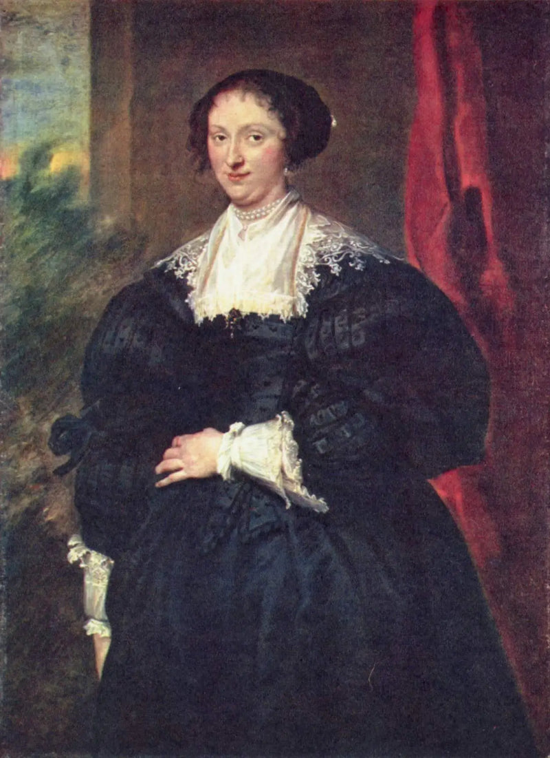 Portrait einer Dame in Schwarz vor einem roten Vorhang - Antoine van Dyck