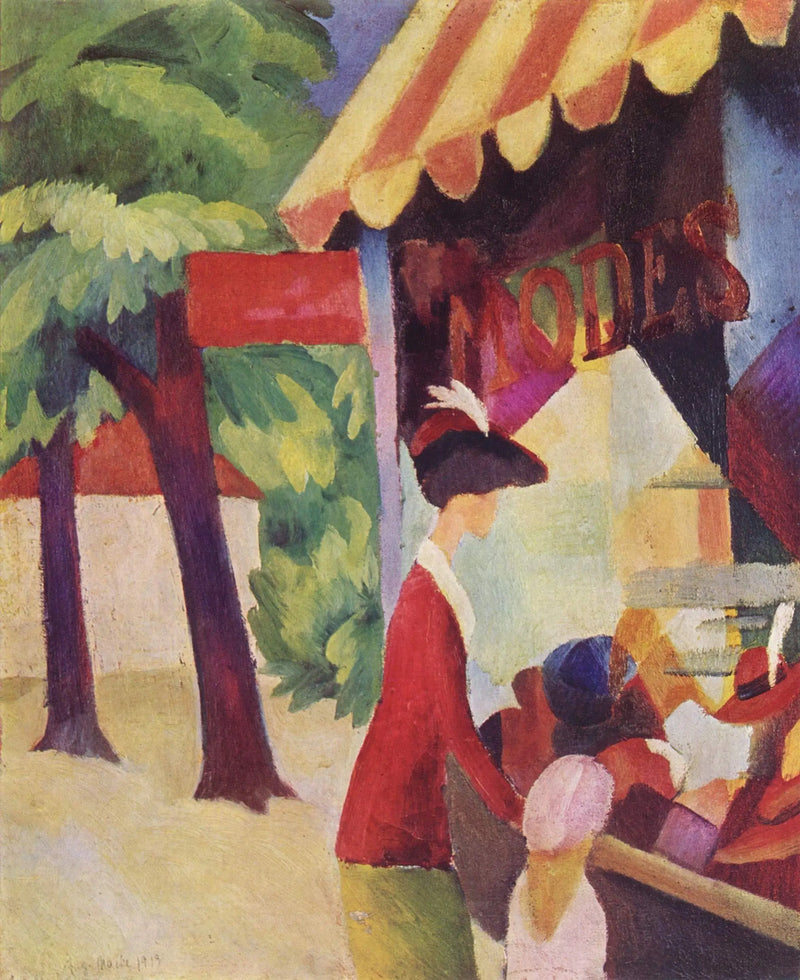 Vor der Hutmacherei (Frau mit rotem Mantel und Kind) - August Macke