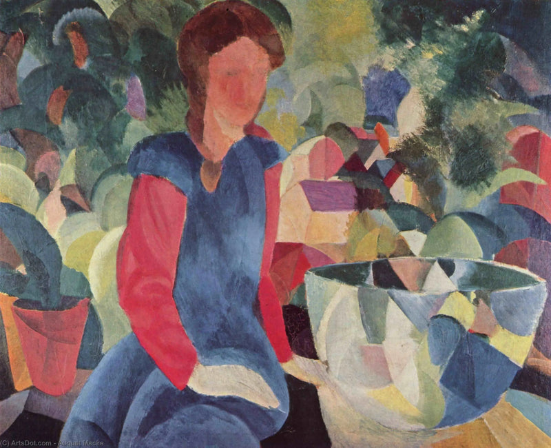 Mädchen mit Fischen in einem Glasbehälter - August Macke