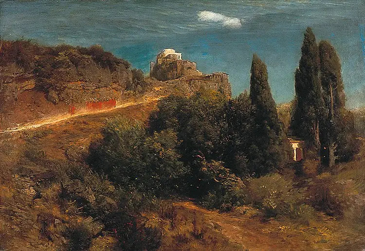 Schloss auf dem Berg mit einem Ritterzug - Arnold Böcklin