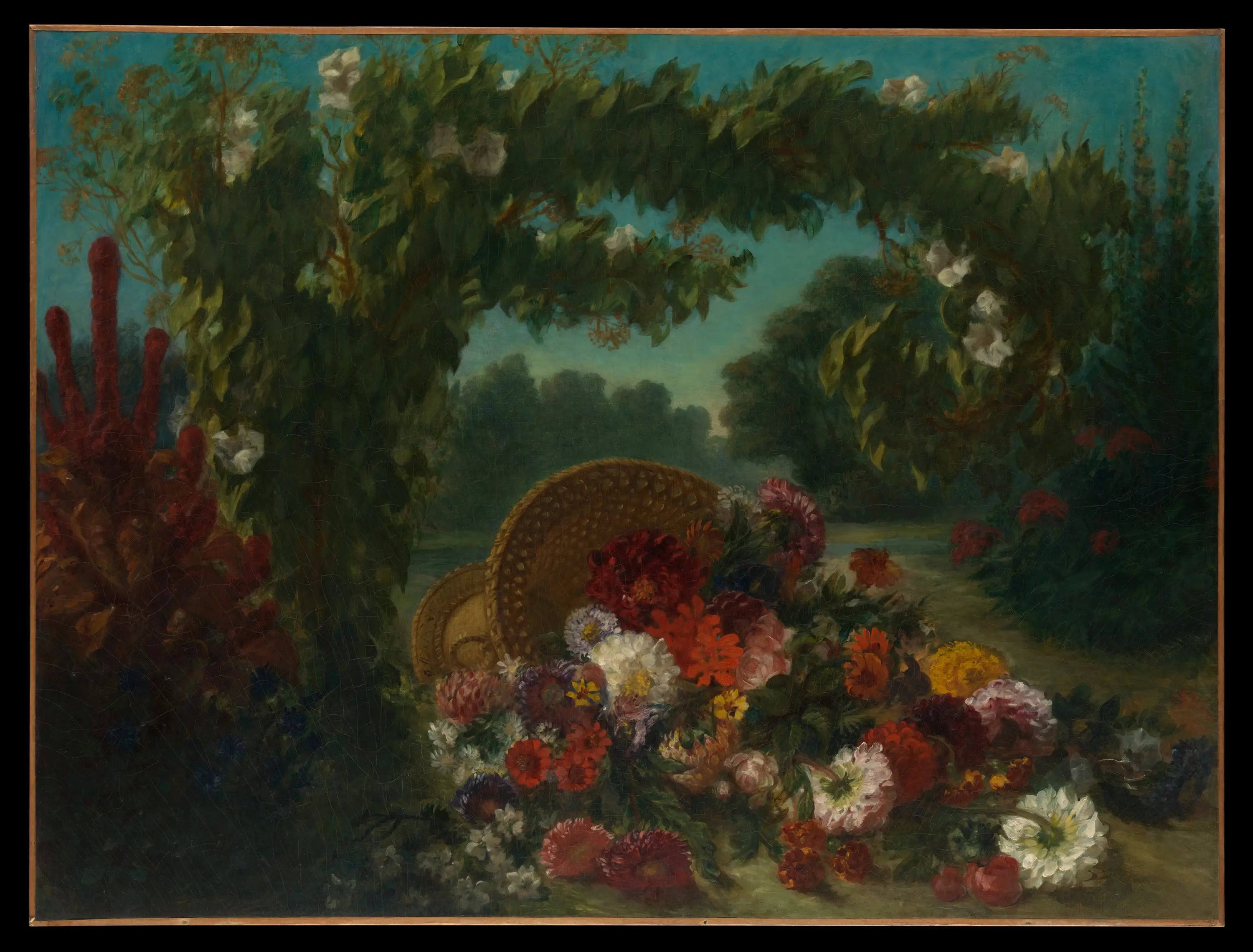 Reproduction du tableau « Corbeille de fleurs renversées dans un jardin - Eugène Delacroix » par Alpha Reproduction en peinture à l’huile