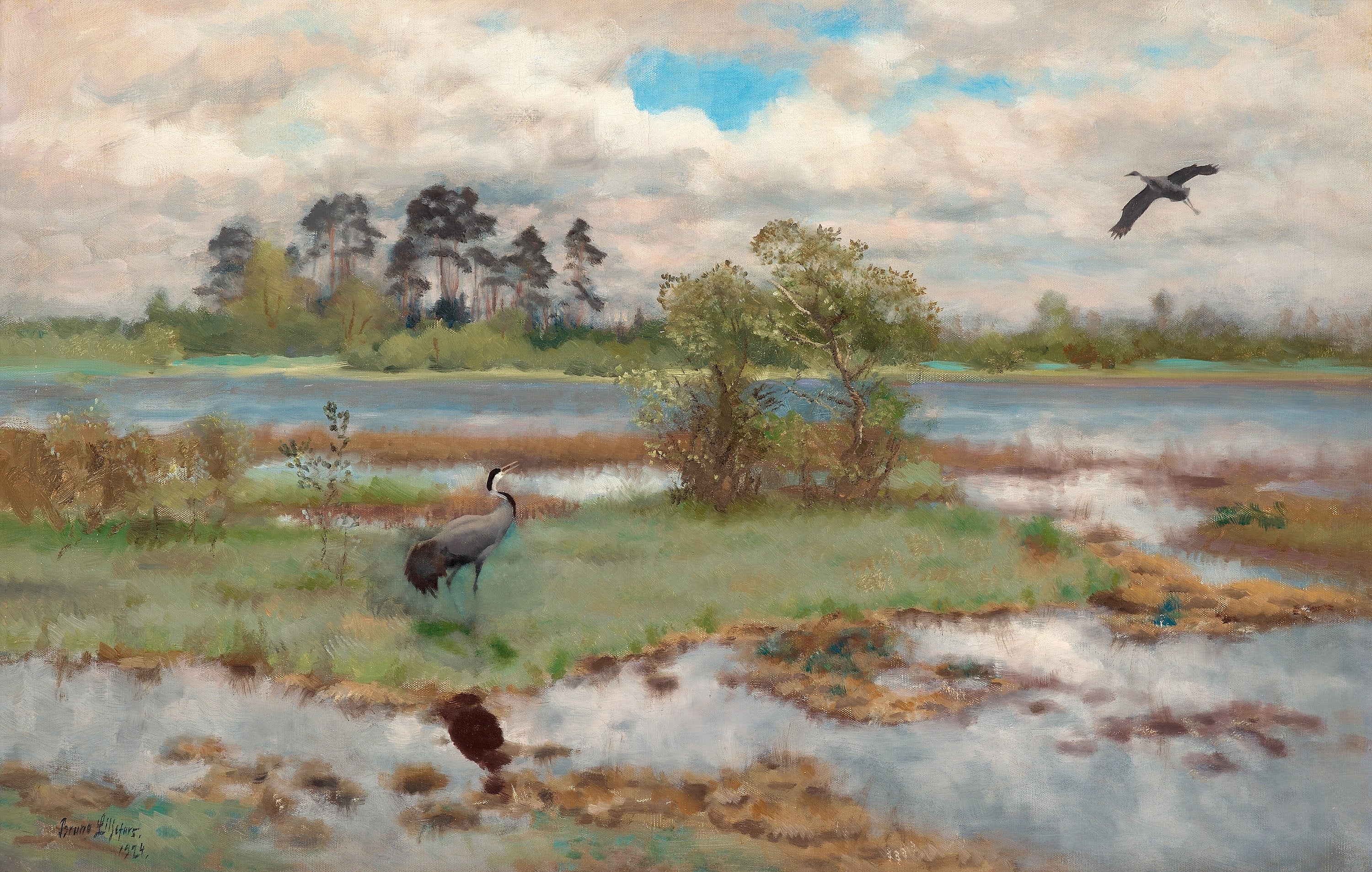 Paysage avec des grues au bord de l'eau - Bruno Liljefors