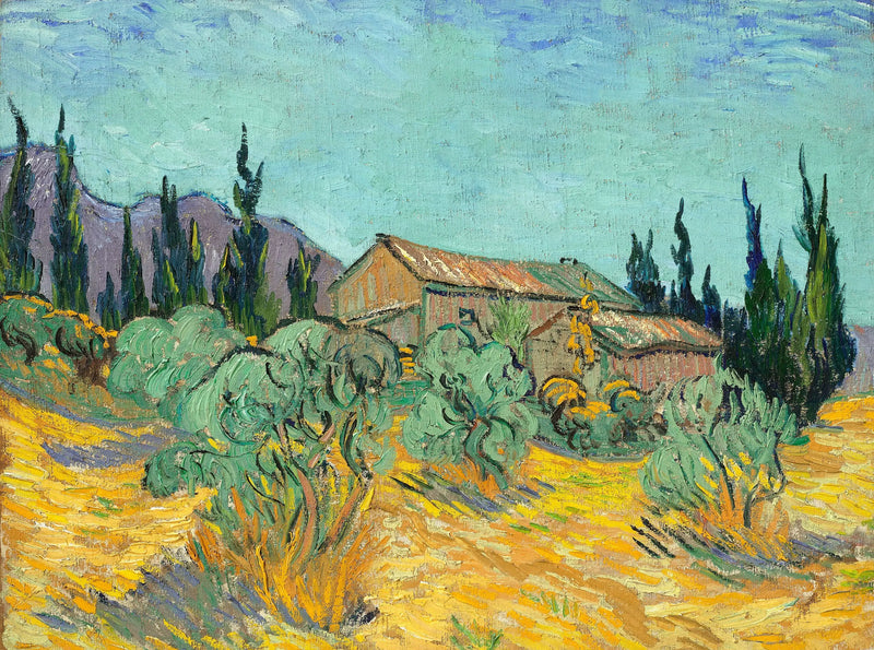 Holzhütten zwischen Olivenbäumen und Zypressen - Vincent van Gogh