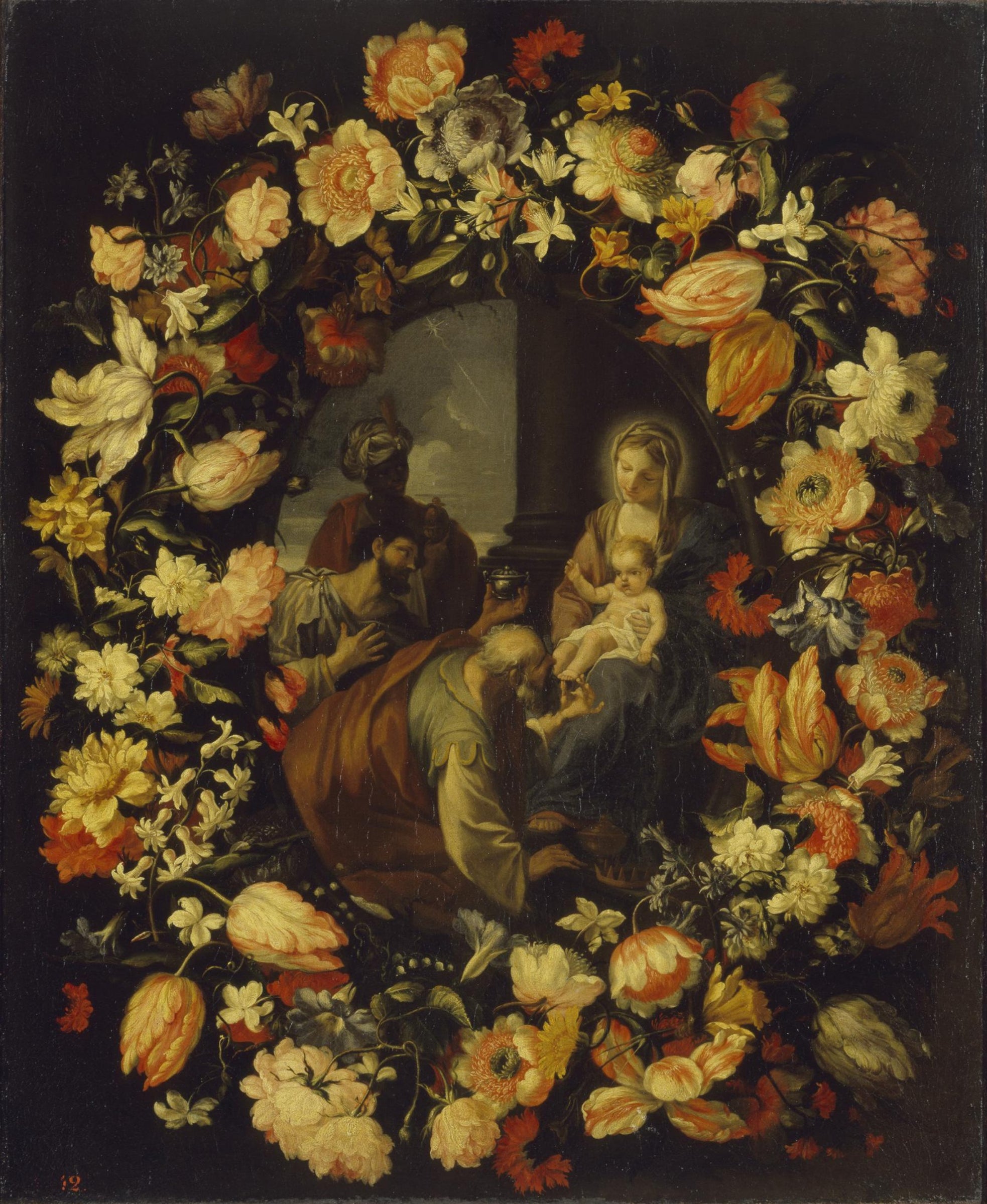 L'adoration des Rois mages encadrée par une guirlande de fleurs - Carlo Maratta