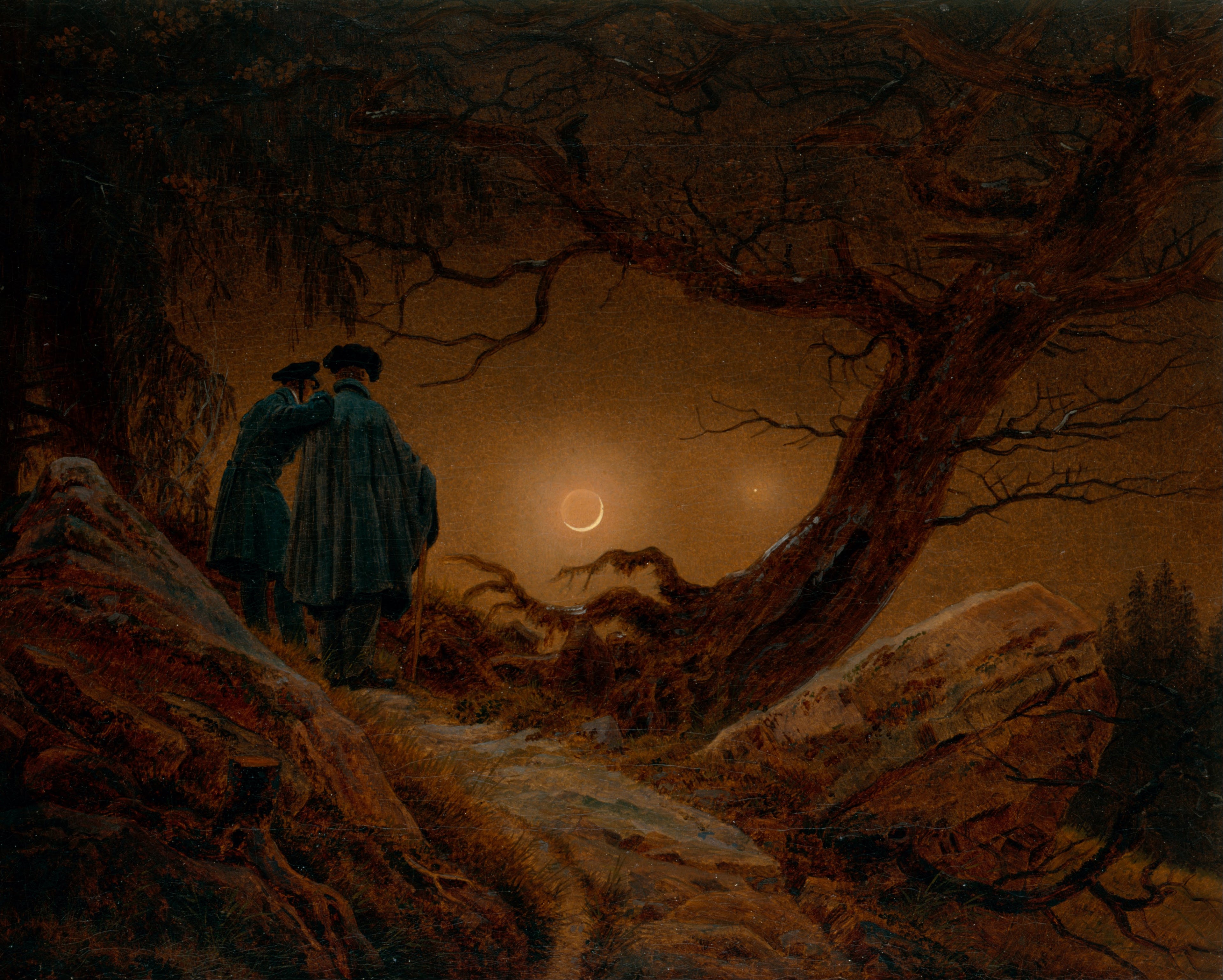 Reproduction du tableau « Deux Hommes contemplant la lune - Caspar David Friedrich » par Alpha Reproduction en peinture à l’huile