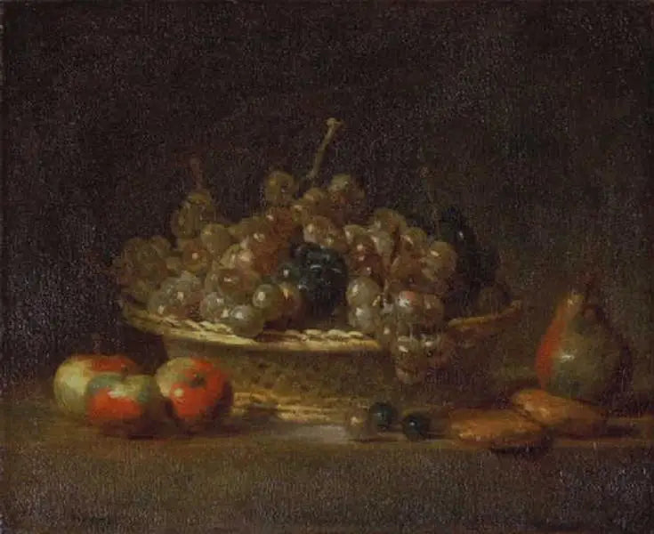 Stillleben mit einem Korb getrockneter Trauben, drei Äpfeln, einer Birne und zwei Marzipan - Jean Siméon Chardin
