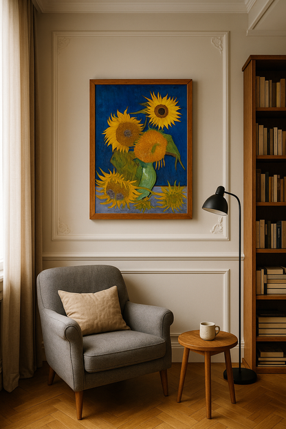 🌻 Sonnenblumen (königsblauer Hintergrund) – Vincent van Gogh (1888)