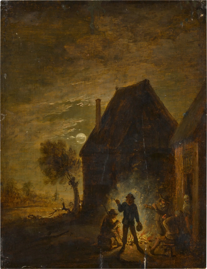 Bauernhof im Mondschein mit Figuren um ein Feuer - David Teniers der Jüngere