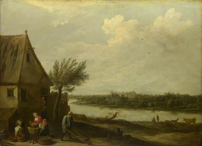 Ein Chalet am Flussufer mit weitem Blick auf eine Burg - David Teniers der Jüngere
