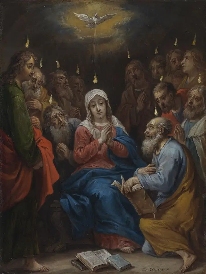 Die fünfzehn Geheimnisse des Rosenkranzes: Pfingsten, der Heilige Geist kommt auf Maria und die Apostel herab - David Teniers der Jüngere