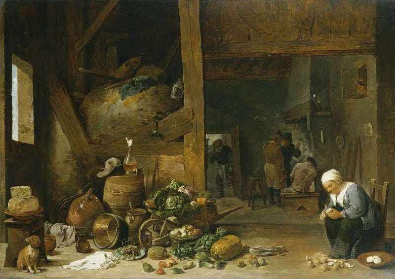 Das Innere einer Küche mit einer alten Frau, die Rüben schält - David Teniers der Jüngere