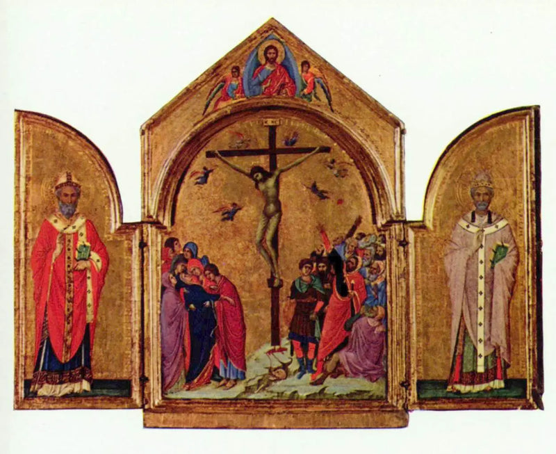 Triptychon: Die Kreuzigung; Der Erlöser mit den Engeln; Heiliger Nikolaus; Heiliger Gregor - Duccio di Buoninsegna
