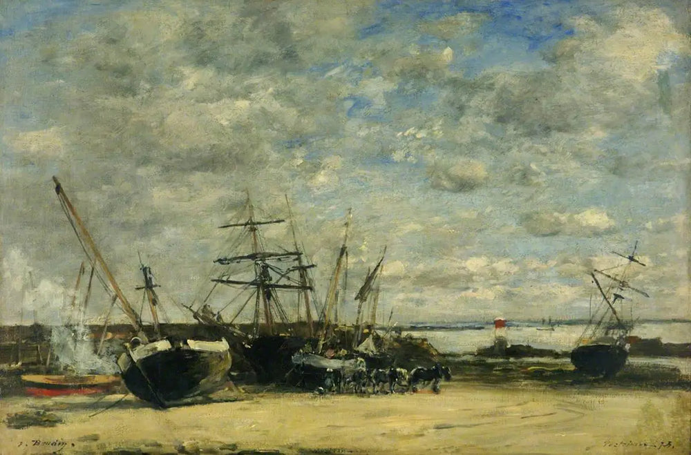 Reproduction du tableau « Navires et chevaux sur le rivage - Eugène Boudin » par Alpha Reproduction en peinture à l’huile