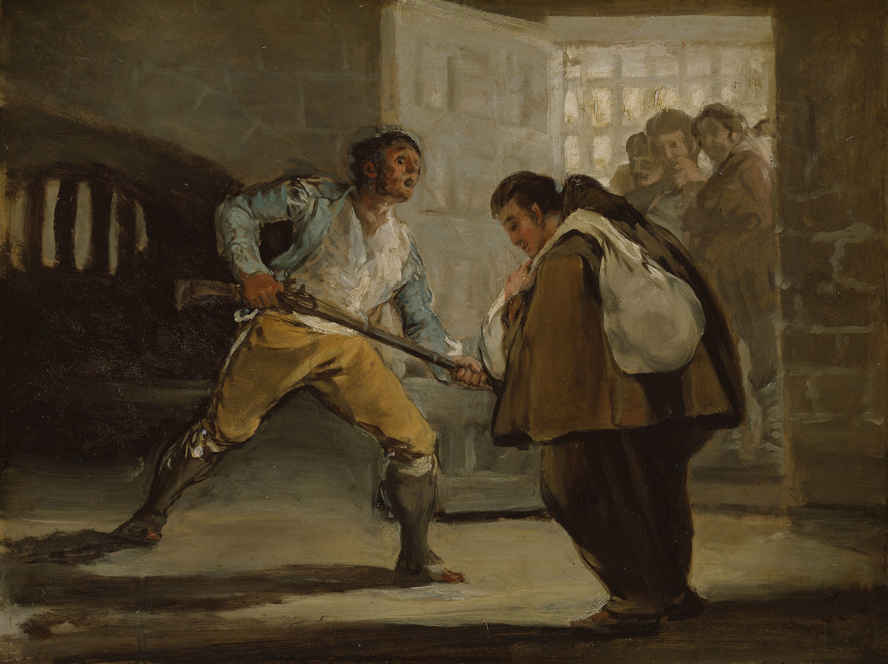 Reproduction du tableau « El Maragato menace le frère Pedro de Zaldivia avec son arme - Francisco de Goya » par Alpha Reproduction en peinture à l’huile