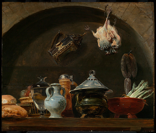 Une nature morte avec divers objets en céramique, du pain, une lampe et de la volaille plumée dans une niche - Frans Snyders