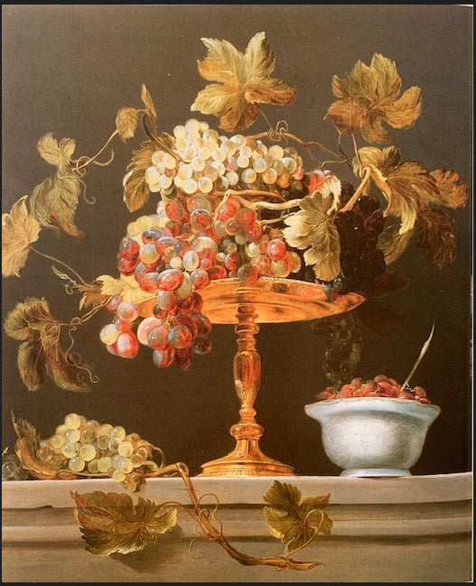 Nature morte avec une coupe de raisins et un bol blanc de fraises des bois sur un rebord de pierre - Frans Snyders