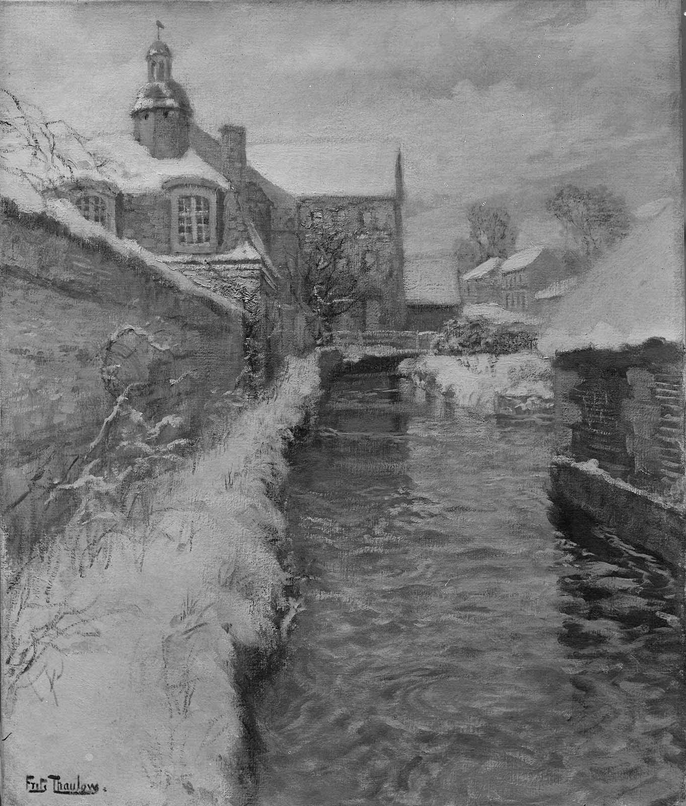 Bâtiments enneigés le long d'un canal - Frits Thaulow