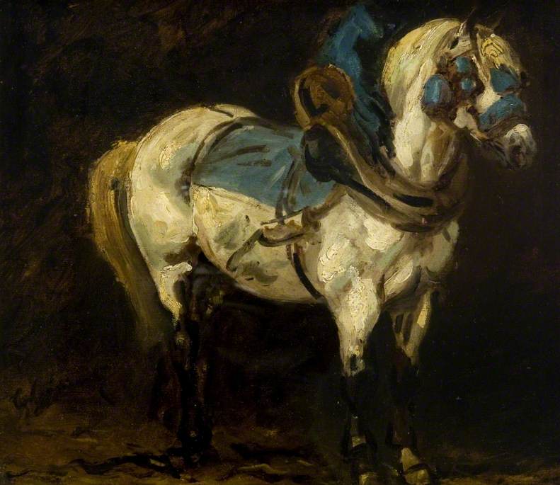 Reproduction du tableau « Chargeur gris harnaché de harnais bleus - Théodore Géricault » par Alpha Reproduction en peinture à l’huile