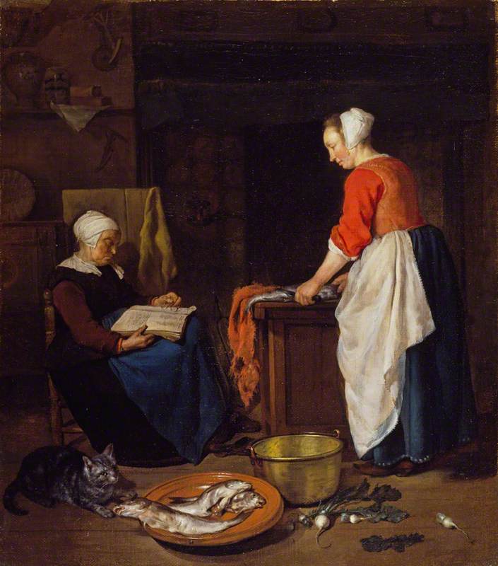 Une servante avec du poisson et une vieille femme endormie - Gabriel Metsu