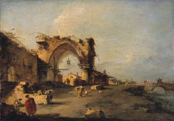 Ansicht einer Kleinstadt mit einer Brücke und einem monumentalen gotischen Tor in Ruinen - Francesco Guardi