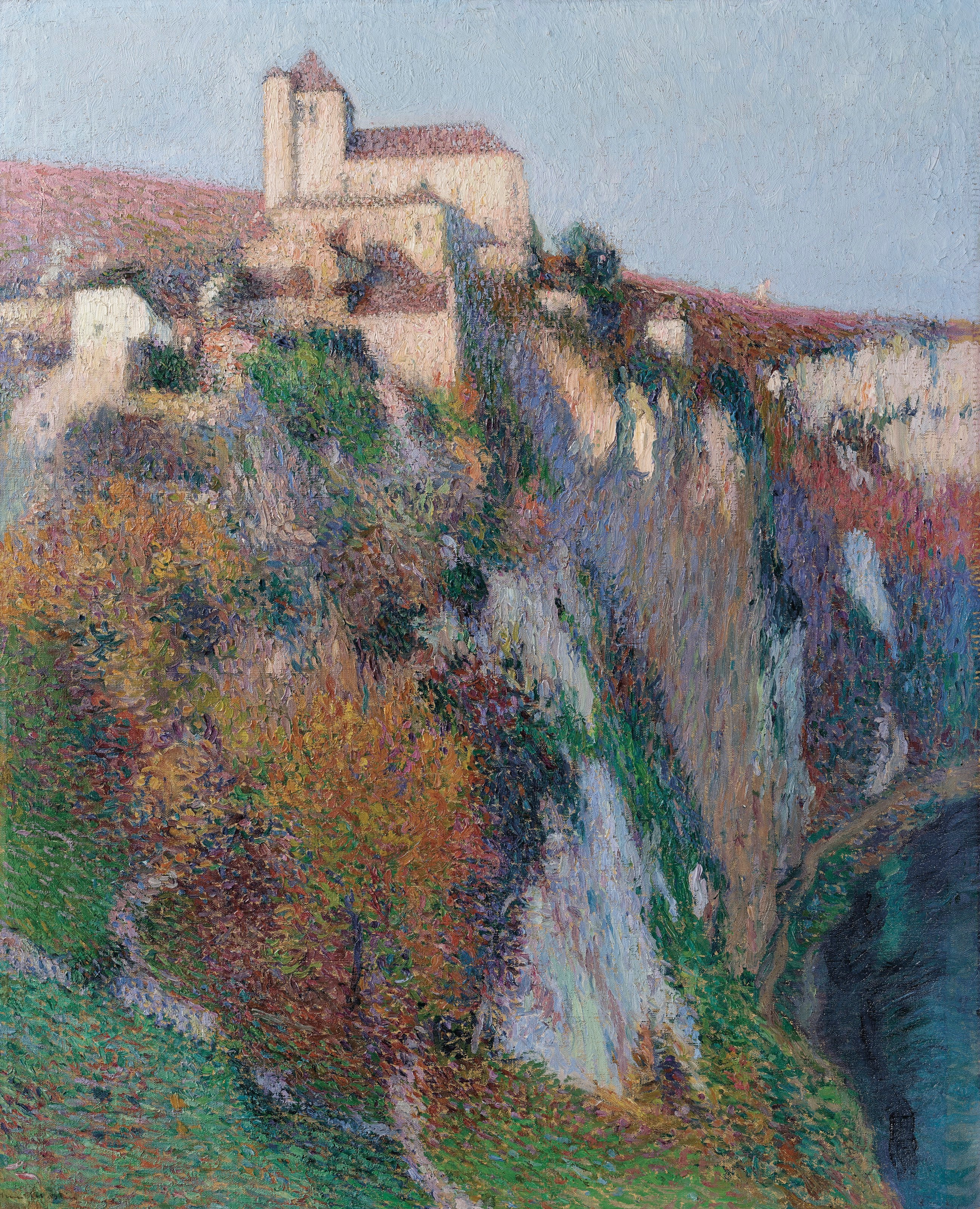 L’église Saint-Cirq Lapopie perchée sur la falaise de la boucle du Lot, ciel bleu - Henri-Jean Guillaume Martin