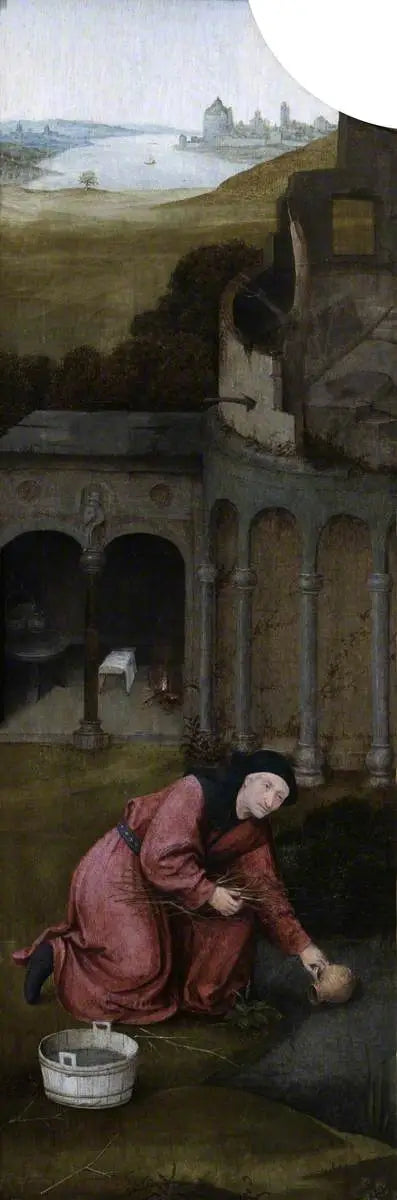 Heiliger Joseph, der Holz aufhebt (Triptychon, Innenansicht des linken Flügels) - Hieronymus Bosch