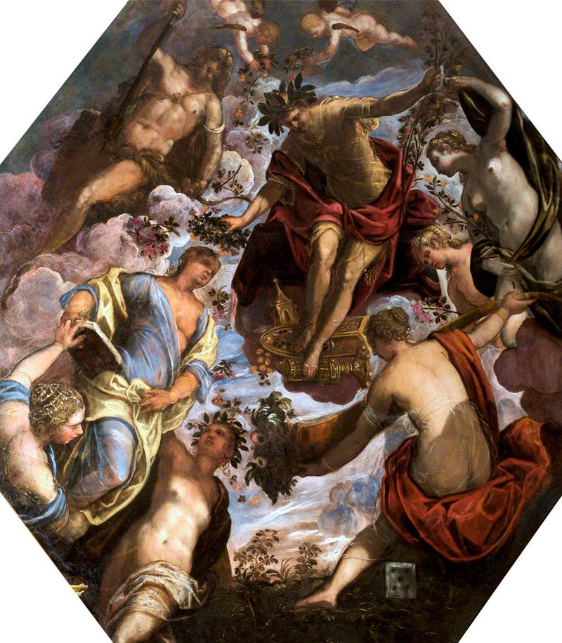 Apollon, der einen Dichter krönt, in Anwesenheit von Herkules und vier weiteren Frauen. - Jacopo Tintoretto