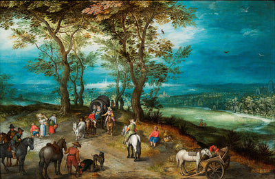 Un vaste paysage avec une charrette à cheval et des voyageurs sur une route - Jan Brueghel le Jeune