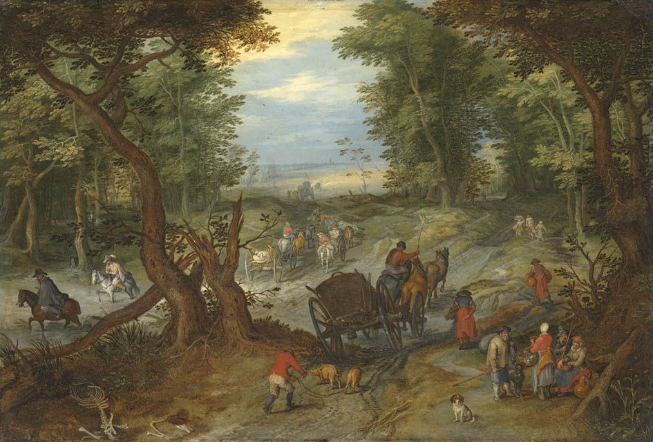 Route forestière longeant un étang guéable fréquenté par des voyageurs - Jan Brueghel l'Ancien