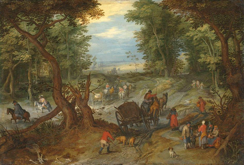Route forestière longeant un étang guéable fréquenté par des voyageurs - Jan Brueghel l'Ancien