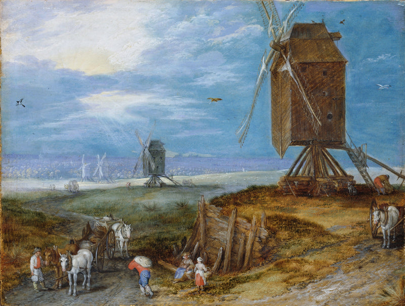 Vaste paysage avec moulins, paysans et chariots au premier plan - Jan Brueghel l'Ancien