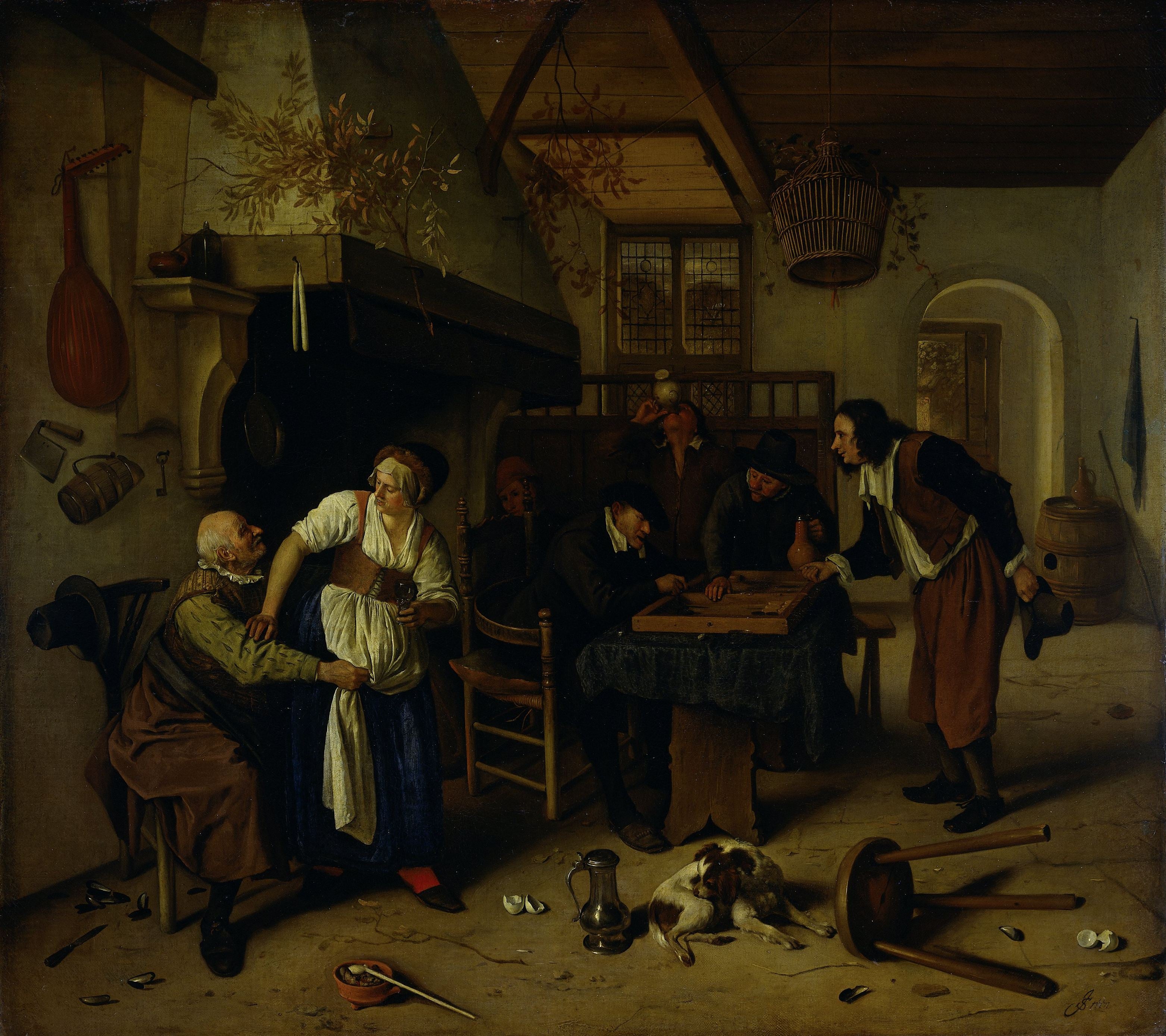 Intérieur d'une auberge où un vieil homme s'amuse avec la propriétaire et deux hommes jouent au backgammon, un jeu connu sous le nom de « Deux sortes de jeux ». - Jan Steen