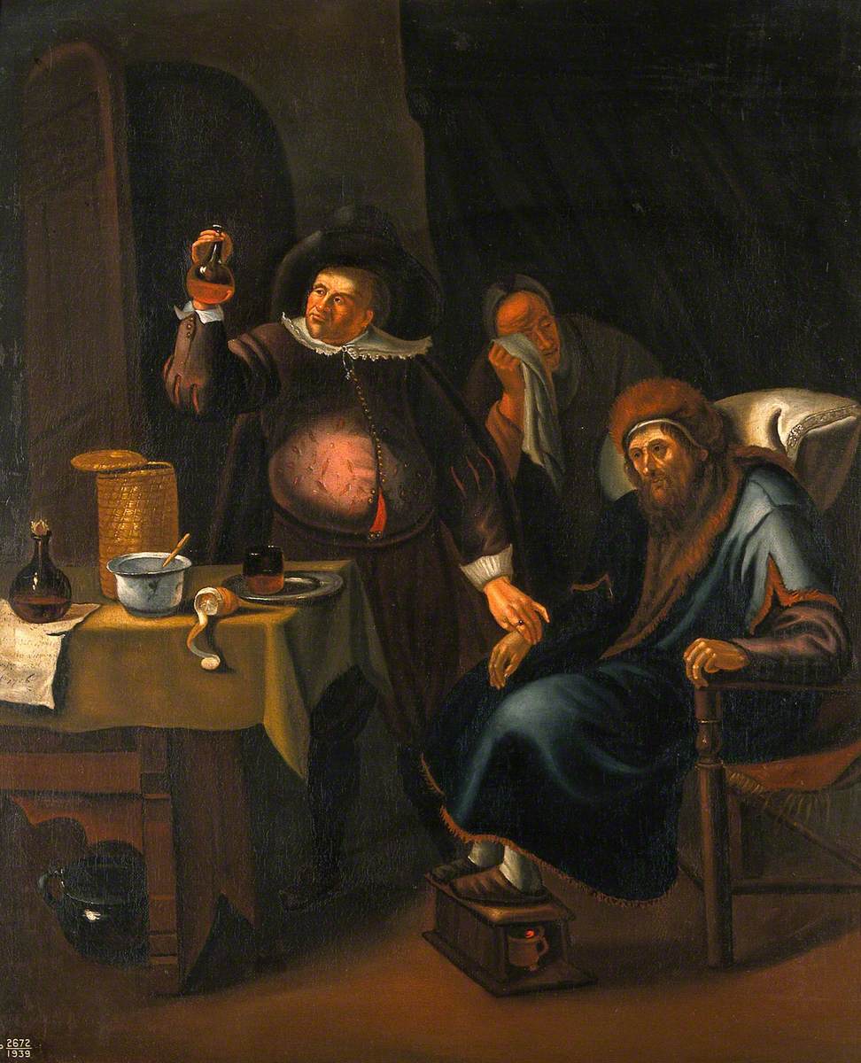 Un médecin examine l'urine et prend le pouls d'un homme âgé. - Jan Steen