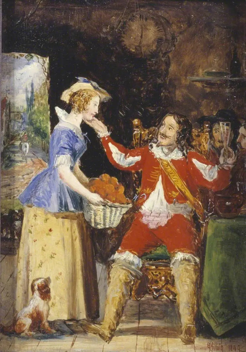 Eine Dienstmagd, die einem Reiter einen Obstkorb anbietet - John Everett Millais